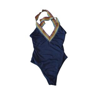 Rip Curl Womens Rainbow Stripe Ribbed Halter One Piece Swimsuit Navy Blue